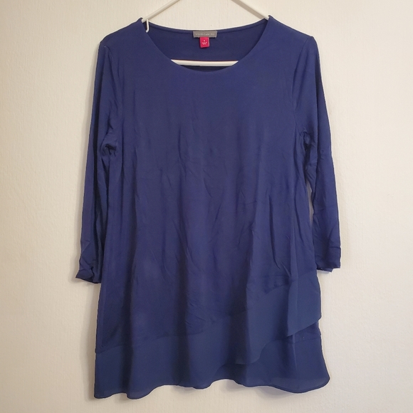 Vince Camuto Women’s Blue Round Neck 3/4 Sleeve Asymmetrical Sheer Hem Tunic - Picture 1 of 5
